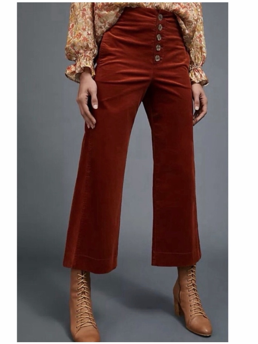 FRYE High Rise Button-Fly Wide-Leg Ankle Cords Rust Brown size 30